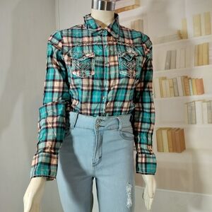 Roar Teal and Beige Plaid Shirt with Embroidery
